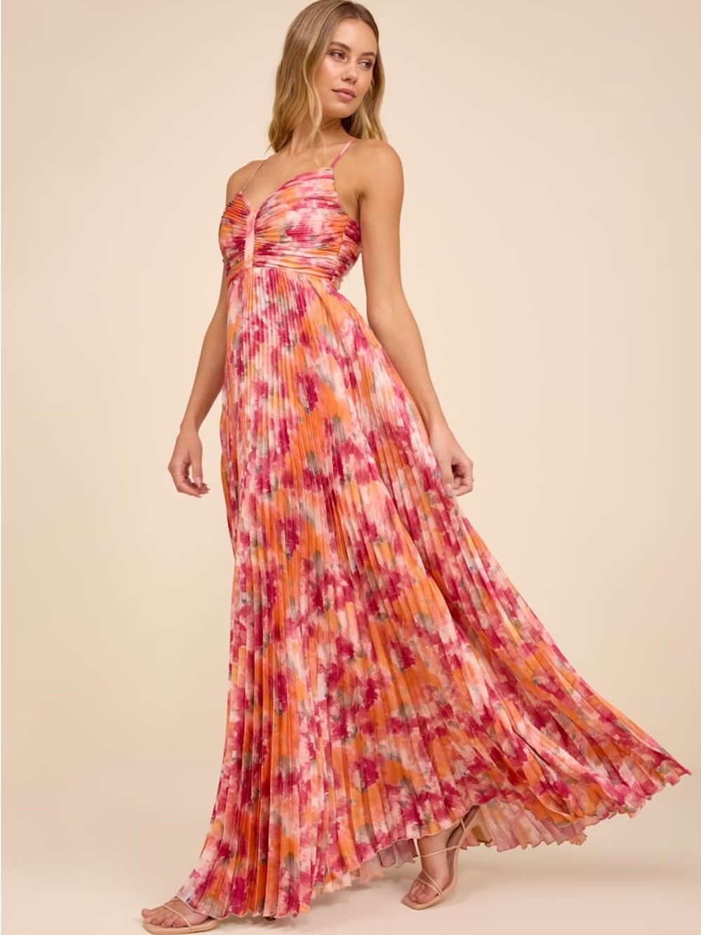 NWT Lulus Dreaming in Color Pink Abstract V-Neck Pleated Satin Maxi Dress